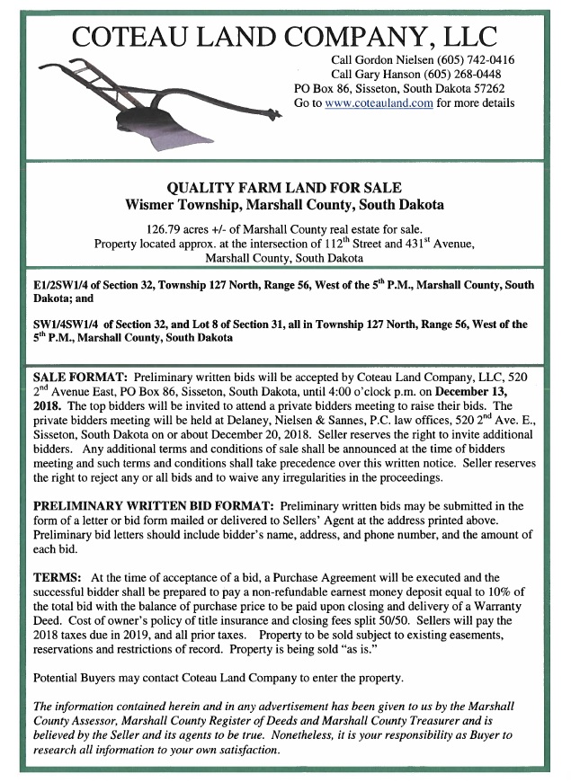 Property 126 79 Acres Of Marshall County Real Estate For Sale Property Located Approximately At The Intersection Of 112th Street And 431st Avenue Property 126 79 Acres Of Marshall County Real Estate For Sale Property Located Approximately At The Intersection Of 112th Street And 431st Avenue